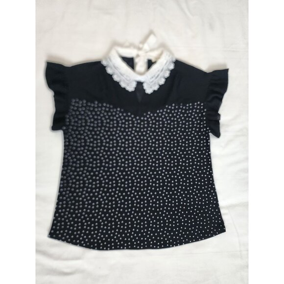 Faith And Joy Women's Black Polka Dot Eyelet Lace Collar Blouse Size Medium - Picture 12 of 12